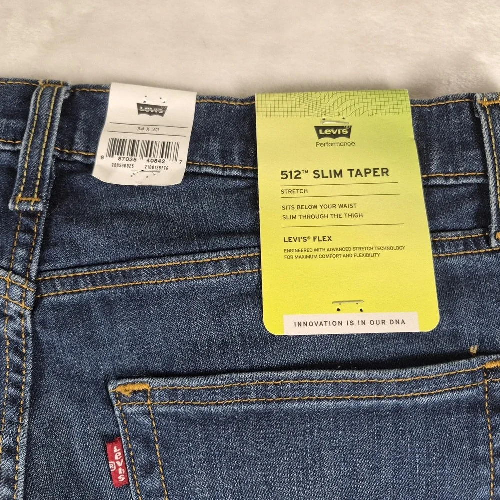 Levi's 512 Slim Taper Jeans Men's 34x28 Blue Denim Flex Performance Comfort NWT